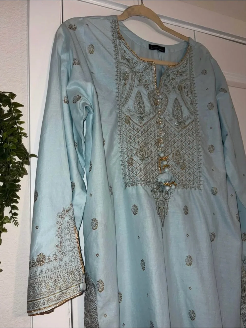Light Blue Embroidered Straight-Leg Pants Set - Women's